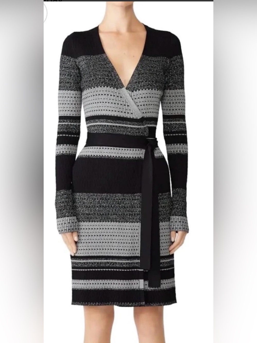 Diane Von Furstenberg Black and Gray Striped metallic Wrap Dress M $468